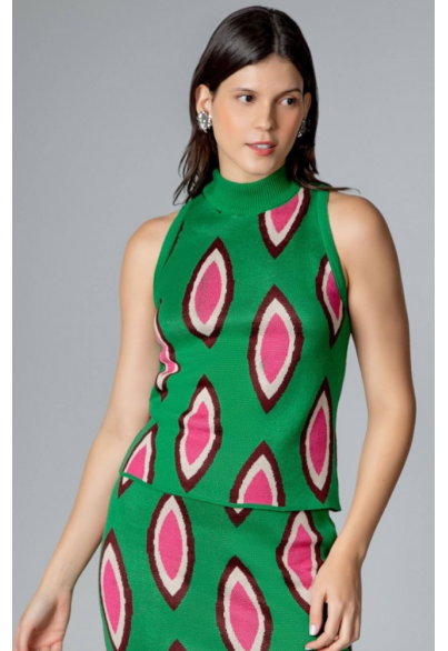 Blusa Gola Alta Cava Francesa Estampada Verde