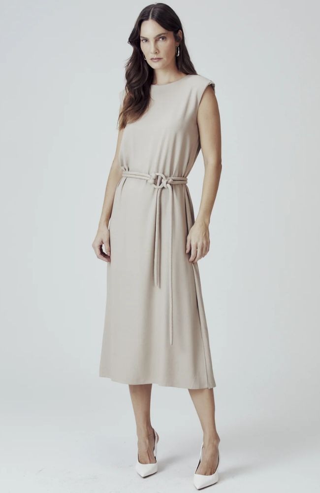 Vestido Plano Midi com Cinto em Crepe Liso – Khaki